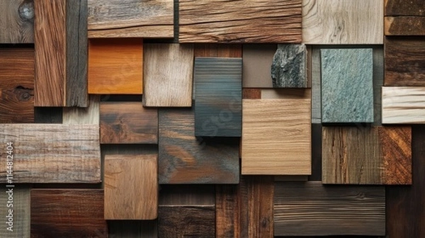 Fototapeta Timber species palette displays a variety of wood types, highlighting the unique textures and colors of each timber species. Ideal for design projects with ample copy space.