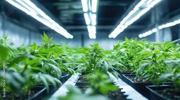Fototapeta Micro indoor cannabis plantation displaying vibrant green leaves, ideal for illustrating the growth and cultivation of cannabis in a controlled environment with ample copy space.