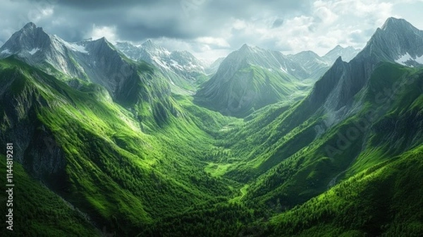 Fototapeta Lush green mountain valleys create a captivating landscape of tranquility and beauty. This image captures the essence of serene mountain valleys in vibrant shades of green with ample copy space.