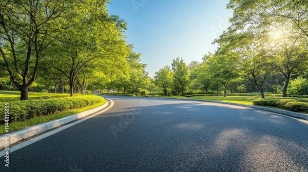 Fototapeta Curving road through a park landscape with an asphalt concrete floor, shaded by trees under a clear blue sky. Ideal for peaceful scenes and nature photography with ample copy space.