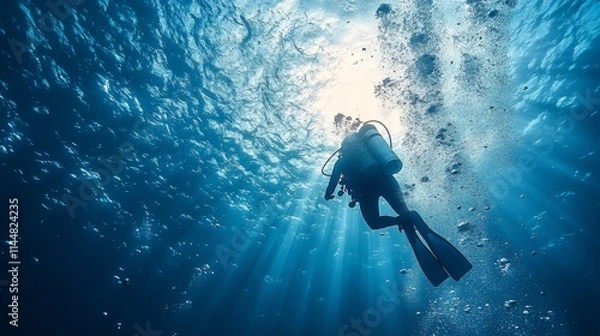Obraz Underwater Silhouette of a Scuba Diver Ascending Towards Sunlight