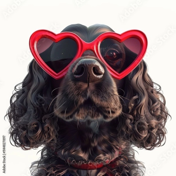 Obraz Banner for Valentine's Day with funny cocker spaniel dog wearing red heart-shaped glasses. Isolated image of the cute dog for Valentine's Day greetings and other holiday