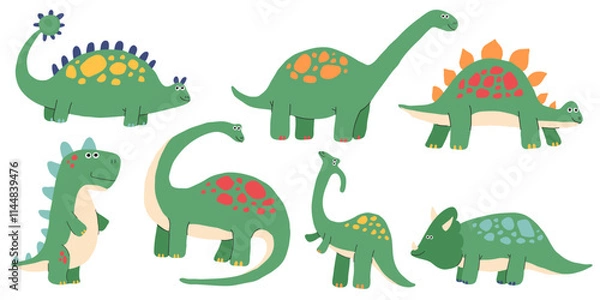 Fototapeta Dinosaur cute vector set. Dino prehistoric animals like pterosaur and stegosaurus, brachiosaurus and pterosaur. Flat isolated illustration.