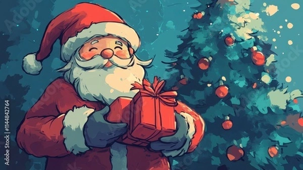 Obraz santa claus with christmas tree and gift