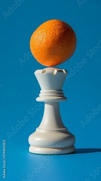 Obraz A white chess piece with a tangerine on top. Creative abstract composition with pastel blue background.