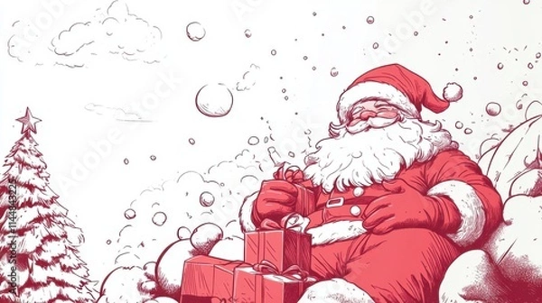 Obraz Smiling Santa Claus with a sack of gifts stands beside a decorated Christmas tree in a snowy winter wonderland