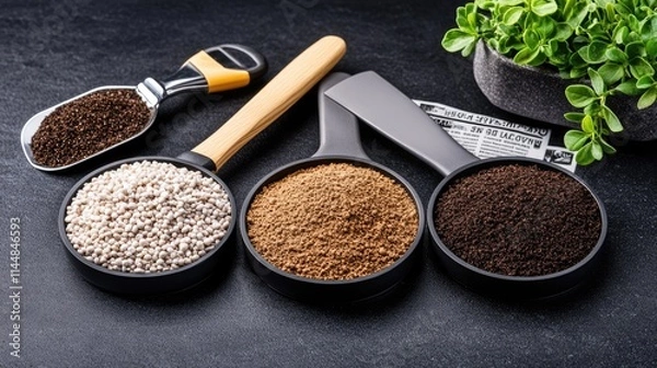 Fototapeta Three types of soil and white pebbles are laid out on a table with a garden trowel ready for planting and gardening activities