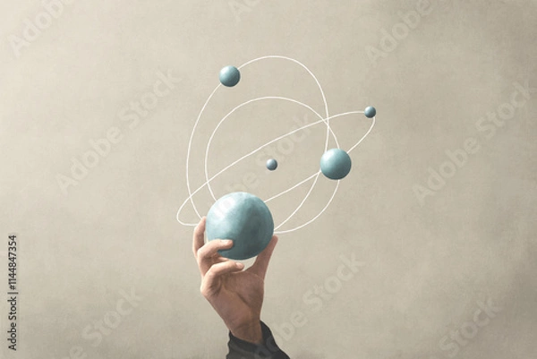 Obraz illustration of hand holding sphere that represents planets activities, science surreal concept