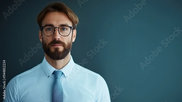 Fototapeta Confident Businessman with Eyeglasses Against a Dark Blue Background, Representing Professionalism and Modern Style in an Office Environment