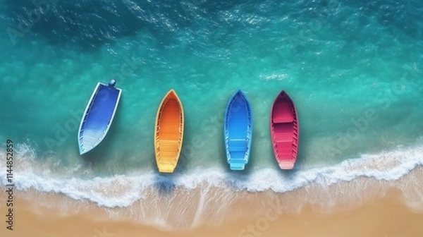 Fototapeta Four colorful boats are gently floating on the crystal-clear turquoise water near a pristine sandy beach, creating a vibrant and picturesque scene