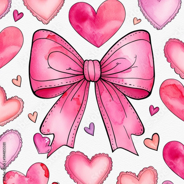 Obraz Pink watercolor bow heart pattern background