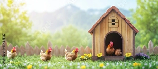 Fototapeta Idyllic Springtime Scene: Chickens in a Wooden Coop