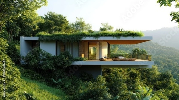 Obraz Contemporary house built on a mountain slope, surrounded by dense tropical forest, green roof with vegetation and spacious terrace background AI generated image