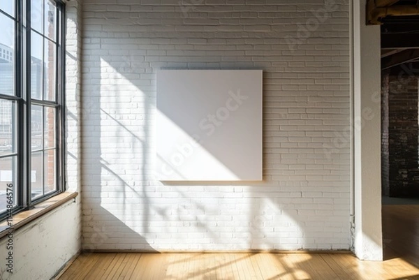Fototapeta Square grunge canvas frame mockup on white brick wall with large window in loft studio room