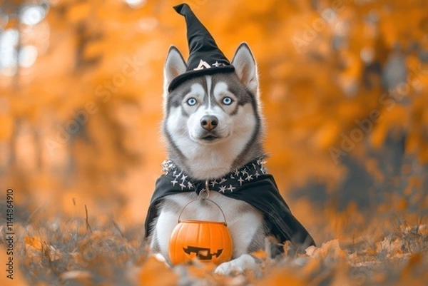 Fototapeta Siberian husky wearing witch hat, cape, holding jack-o-lantern bucket.