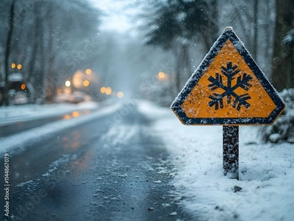 Obraz Winter storm season with snowflake symbol sign against a snowy background and copy space. Snow splattered and angled sign adds to the drama.