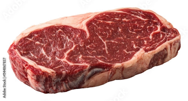 Fototapeta Raw ribeye steak, marbled meat with fat, close-up on transparent background. Culinary and gourmet cooking concept