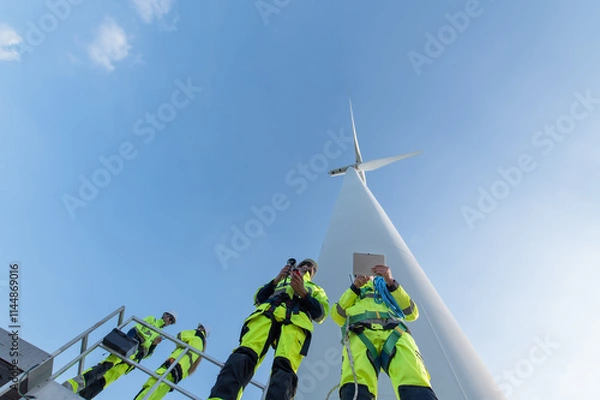 Fototapeta Wind Turbine Maintenance and Repair Technician, Engineer Checking Turbines working maintenance clean power generator system