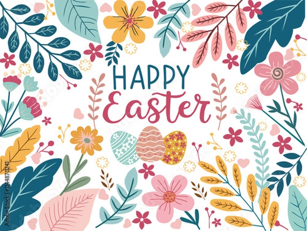 Obraz Happy Easter holiday greeting card with Easter eggs, flowers