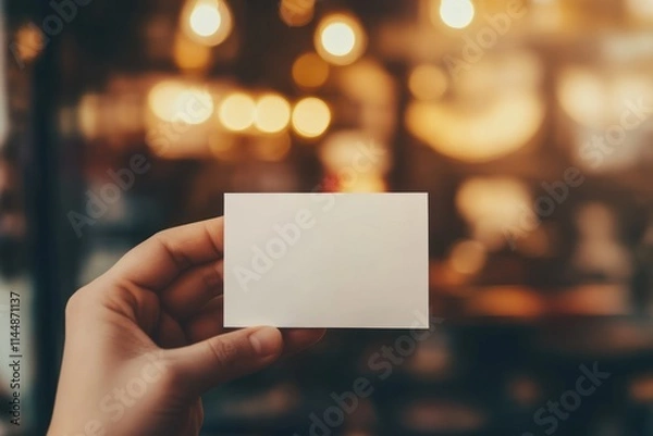 Fototapeta Hand holds blank white card with bokeh background.