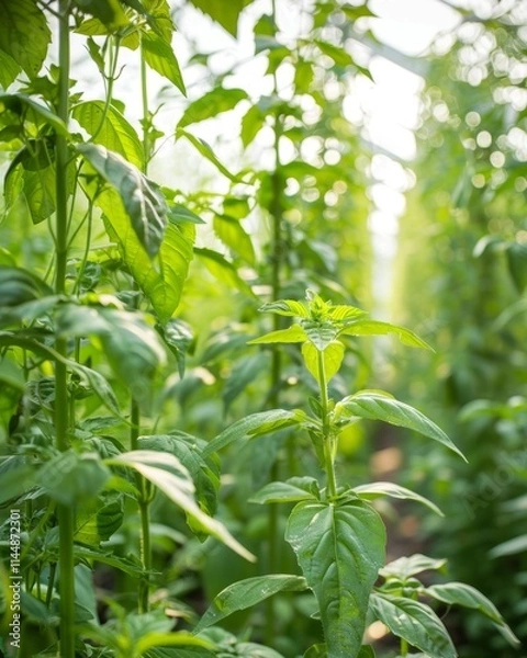 Fototapeta Vibrant, verdant foliage of a dense forest, with layers of leaves and branches creating a serene, natural environment. The soft, diffused lighting filters through the canopy.
