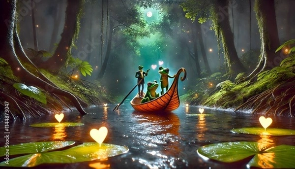 Obraz A fictional illustration of a pair of frogs in love floating in a boat on a forest river in the fog. Valentine's Day Greeting Card