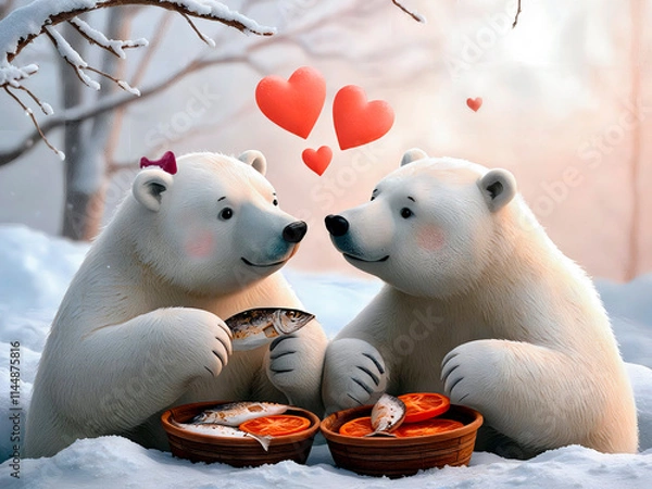 Fototapeta A fictional illustration of a loving pair of polar bears celebrating Valentine's Day over dinner in a winter forest