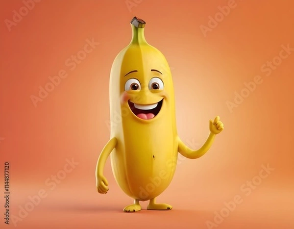 Obraz Cute 3d happy face banana cartoon character fruit  with a smile on face in cheerful mood isolated on pink background