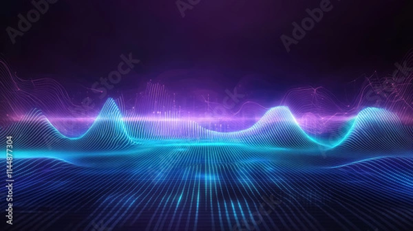 Fototapeta Abstract digital technology background with connected dots on 3d wave landscape. Concept of AI artificial intelligence, big data, data science, digital world, virtual reality, cyberspace, metaverse. 