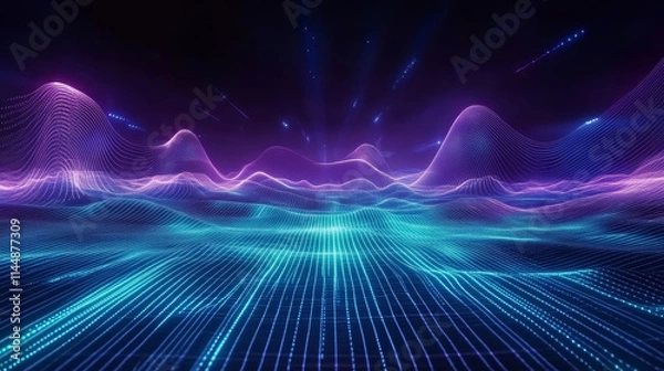 Fototapeta Digital technology background with connected dots on 3d glowing wave landscape. Concept of AI artificial intelligence, big data, data science, digital world, virtual reality, cyberspace, metaverse. 