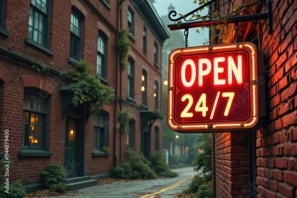 Fototapeta Vintage "Open 24/7" sign on brick wall in cozy alley with historical architecture