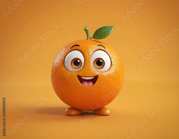 Obraz Cute 3d happy face orange cartoon character fruit  with a smile in cheerful mood isolated on orange yellow background