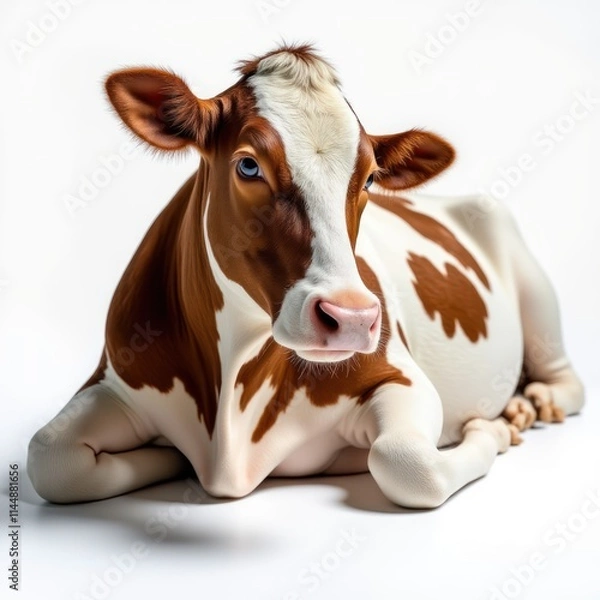 Fototapeta Single Holstein Cow Resting on a White Background With Brown and White Patterns