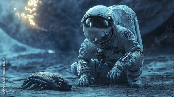 Fototapeta Astronaut with advanced gadgets examining an alien artifact