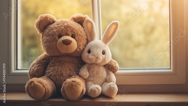 Fototapeta Best Friends Teddy Bear and Bunny Toy Hugging on Brown Window Sill, Looking Out of Window