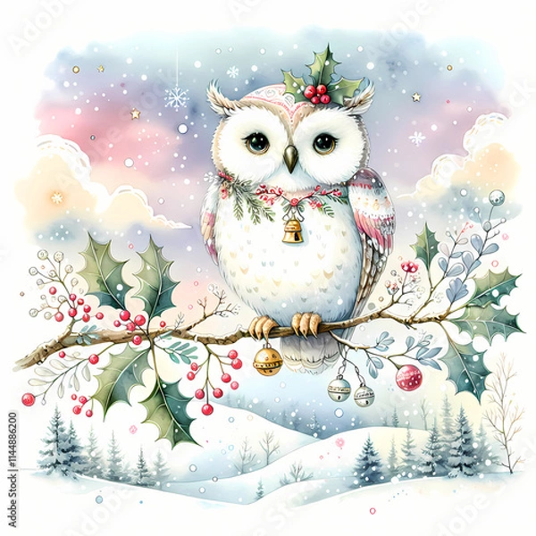 Fototapeta An owl with a jingle bell collar sits on a branch surrounded by glowing Christmas garlands and soft snow
