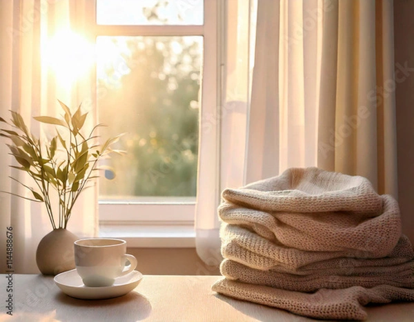 Obraz Table by the window with curtains.