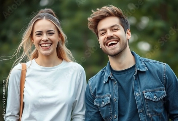 Fototapeta Portrait of two people in a natural setting, expressing joy and happiness