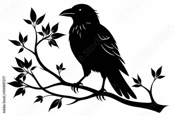 Fototapeta crow setting on a branch line art silhouette vector illustration
