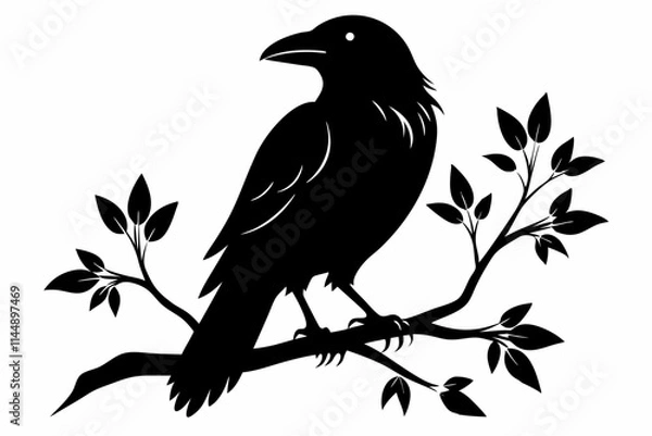 Fototapeta crow setting on a branch line art silhouette vector illustration