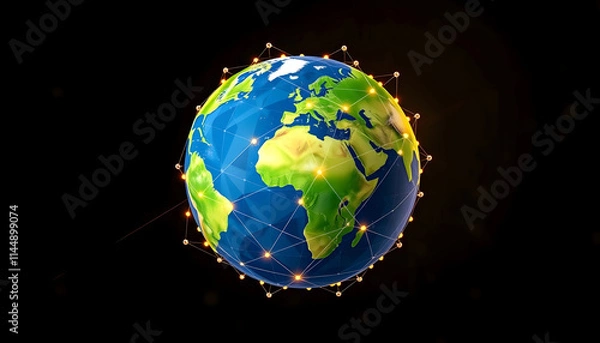 Fototapeta The 3d rendered earth is wrapped in a polygonal sphere linked by dots and lines, pop art, with white tones