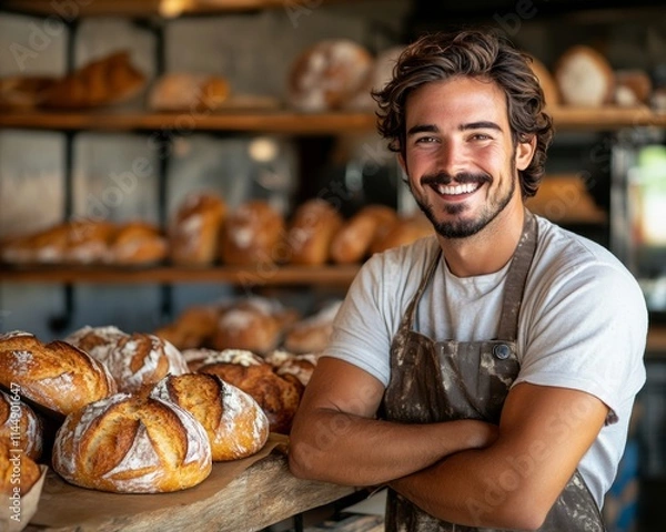 Fototapeta Smiling Baker in Rustic Bakery with Fresh Artisan Bread