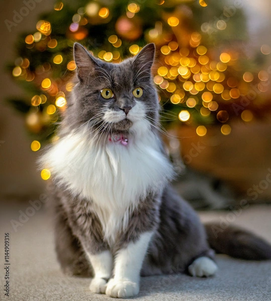 Fototapeta Cat sitting in front of a Christmas tree