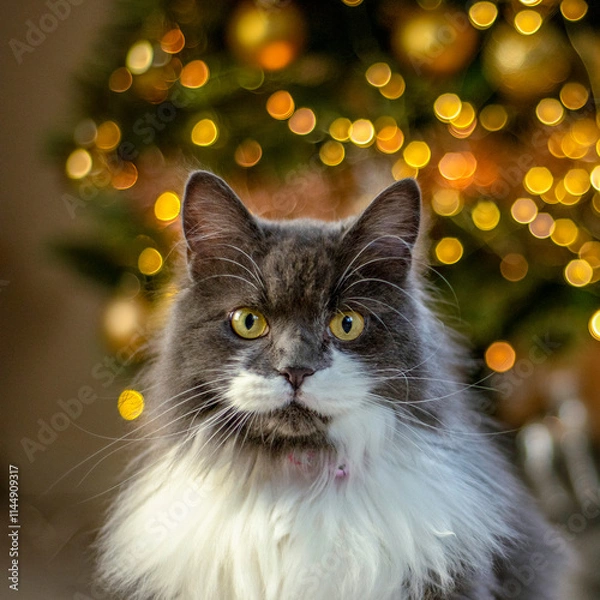 Fototapeta Cat sitting in front of a Christmas tree