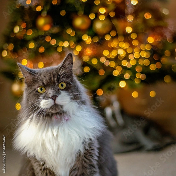 Fototapeta Cat sitting in front of a Christmas tree
