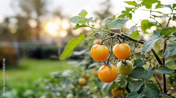Fototapeta Ripe yellow tomatoes on vine in lush garden at sunset