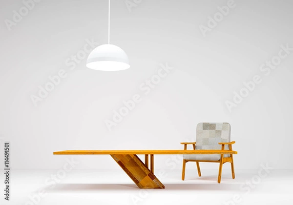 Fototapeta Wood Chair and wood table modern and lamp in room of a background wall (3D Rendering)