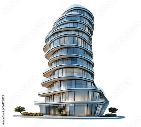Fototapeta Modern 3D Illustration of Curved High-Rise Building with Circular Floors and Large Windows, Featuring Contemporary and Elegant Architectural Design - Isolated on Transparent Background . ai generated