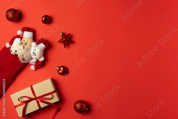 Fototapeta Christmas red background with bears peek out from mitten, gift box and trinkets around. Flat lay, top view. Copy space