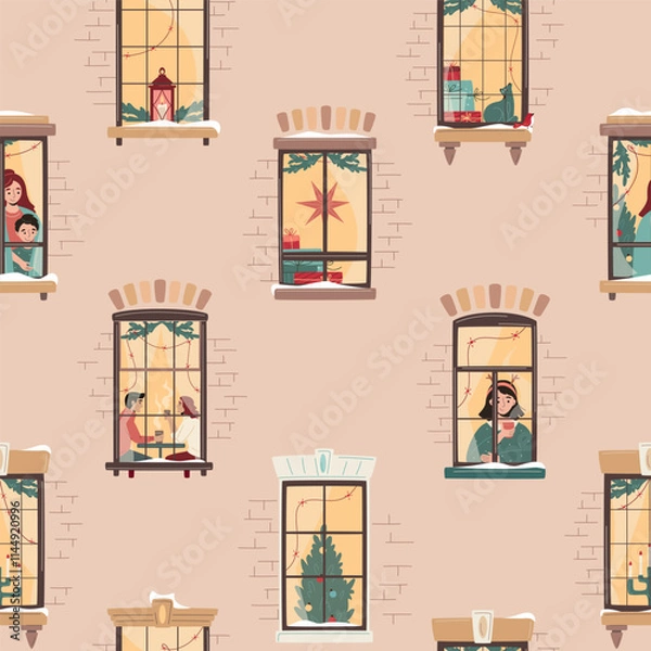 Fototapeta Seamless pattern with Christmas window decorated with lights, fir branches, pile of gift boxes with characters. Snowfall, warm Christmas or New Year atmosphere. Cozy winter evening illustration